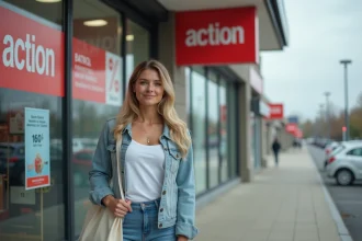 Femme devant l'entrée d'un magasin Action fermé le dimanche matin avec parking presque vide