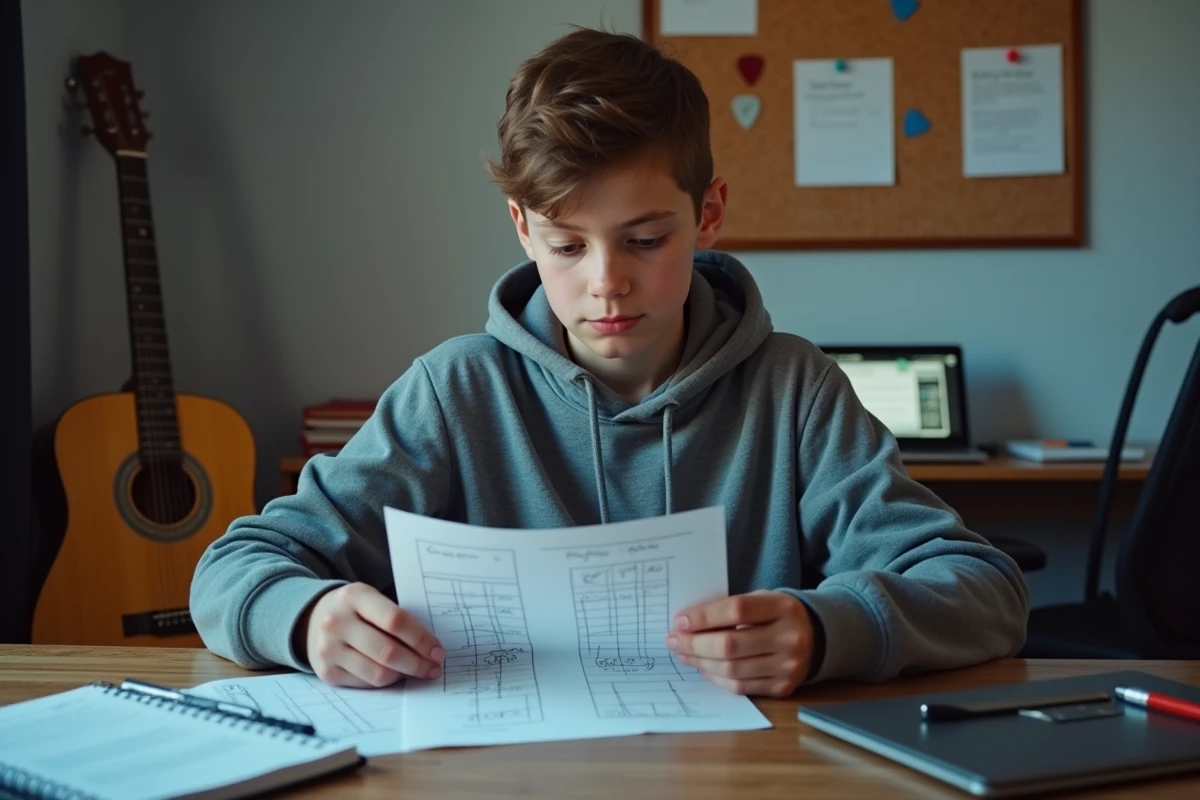 Adolescent débutant qui étudie des diagrammes d'accords de guitare acoustique sur une fiche imprimée dans sa chambre