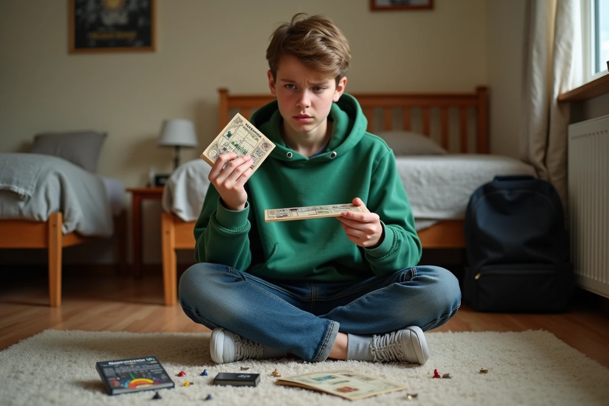 Adolescent assis sur le sol de sa chambre tenant une grille de bataille navale avec une expression perplexe, un livret de règles ouvert à côté de lui