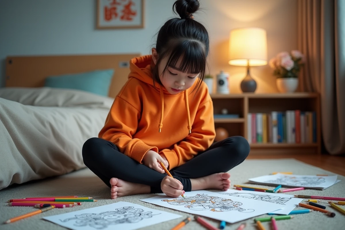 Adolescente coloriant des dessins inspirés de Dragon Ball Super entourée de crayons de couleur et de cahiers de coloriage sur le sol de sa chambre