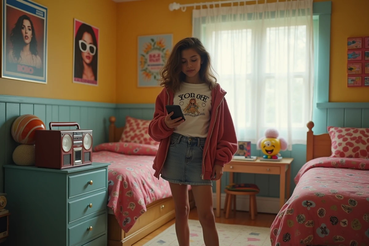 Jeune fille dans sa chambre rétro style 2000s