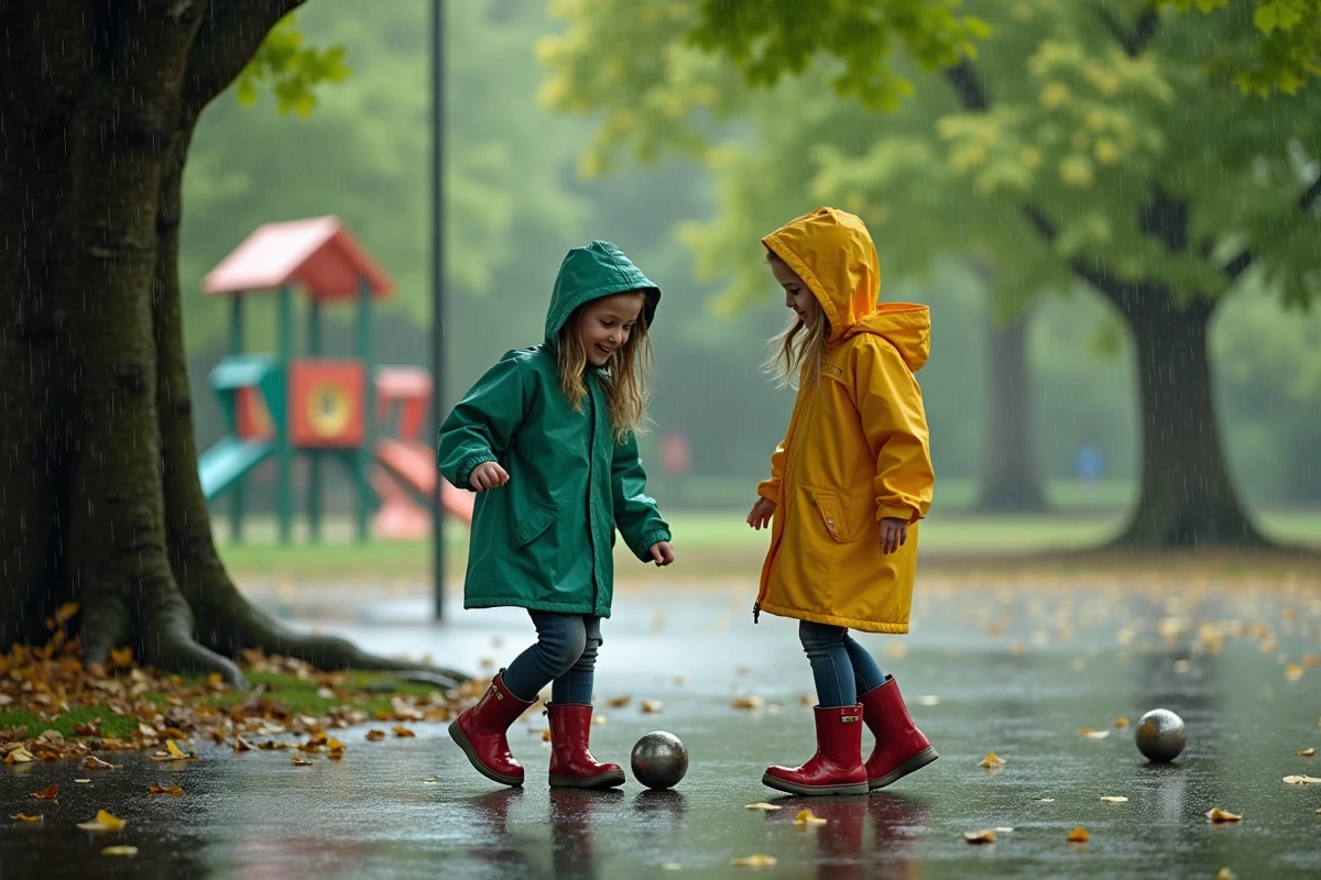 Deux adolescentes jouant à la pétanque sous un arbre pluvieux