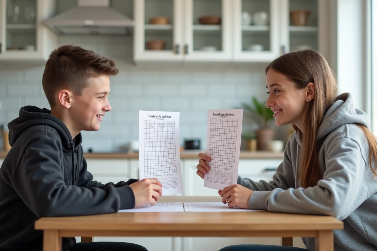 Deux adolescents s'affrontant à la bataille navale sur grille double avec feuilles de score dans une cuisine moderne