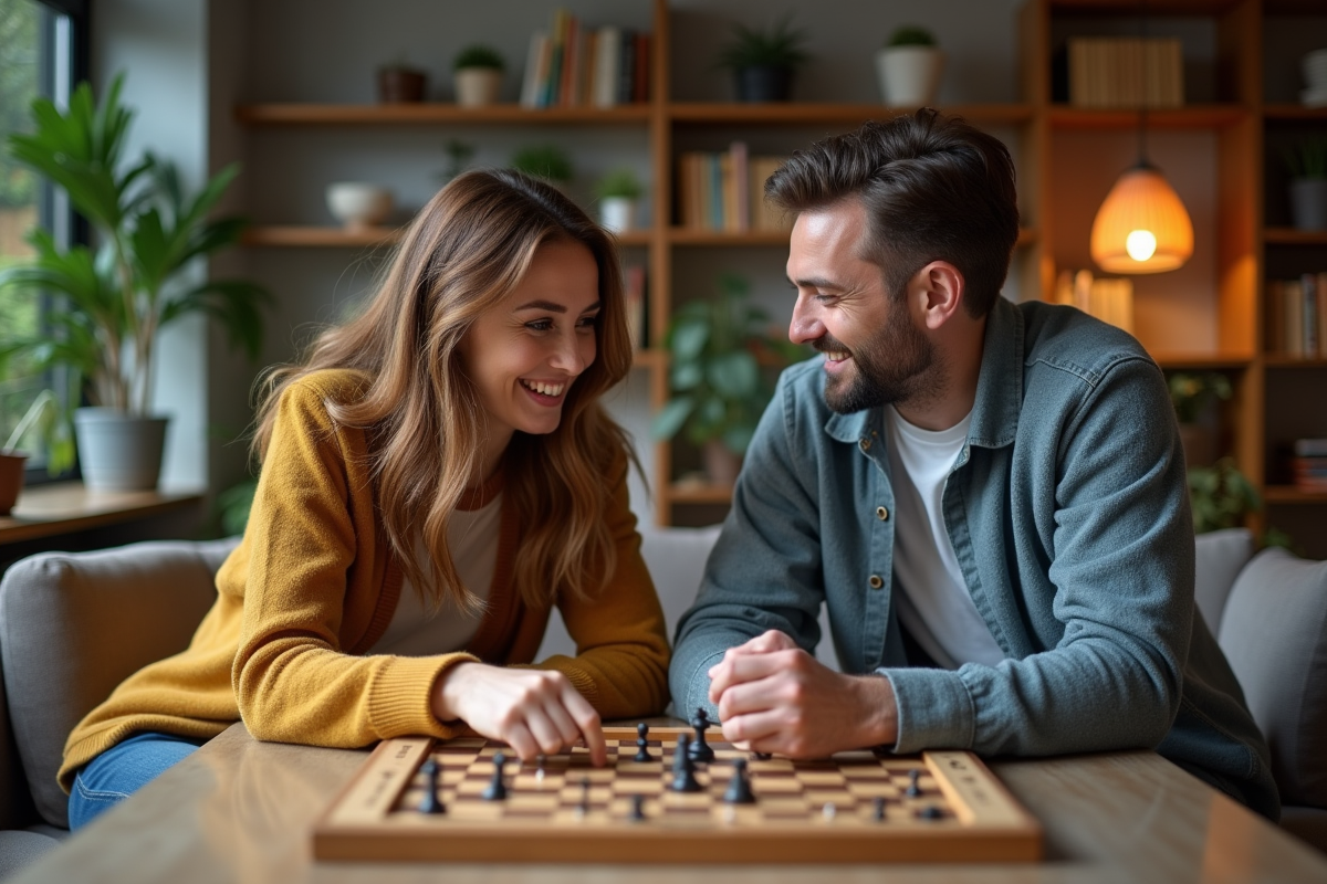 Adultes jouant à un jeu de société dans un salon chaleureux