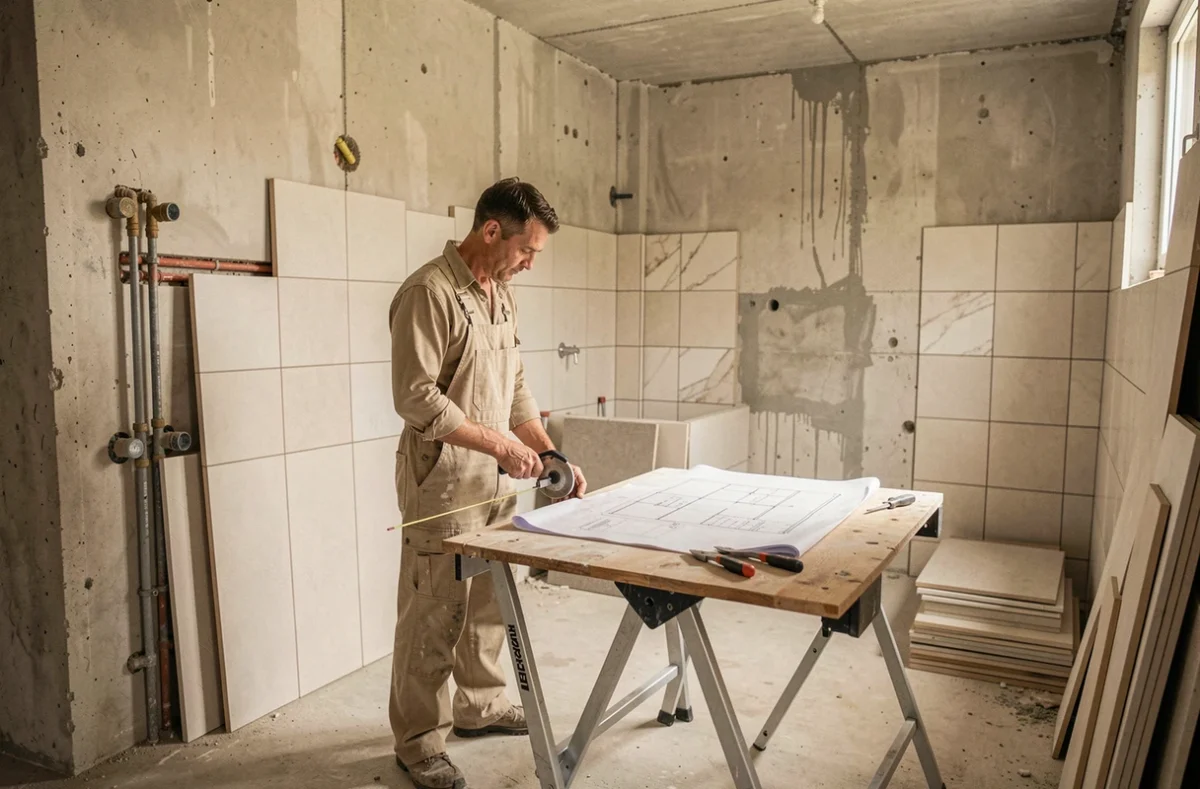 Artisan Alberto Renov' Action rénovant une salle de bain avec travaux de plomberie apparents