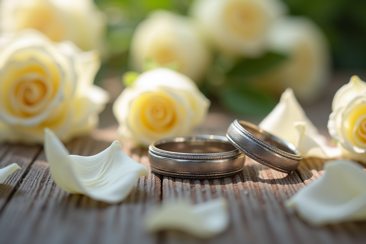 Alliances en argent sur bois avec roses blanches pour 25 ans de mariage