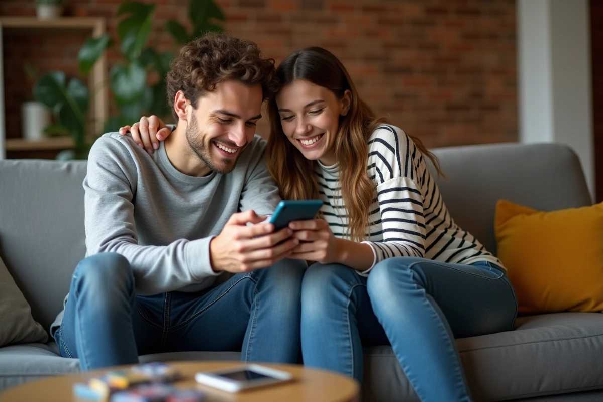 Deux amis excités consultant un smartphone pour activer des codes Pokémon TCG Online dans leur salon