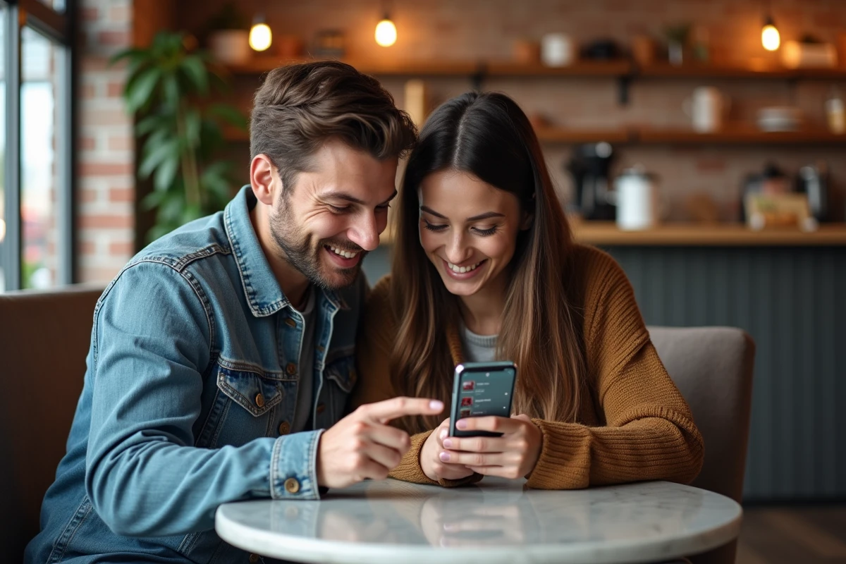 Deux amis dans un café comparant des applications de lecture de manga sur smartphone pour retrouver leurs lectures favorites après migration