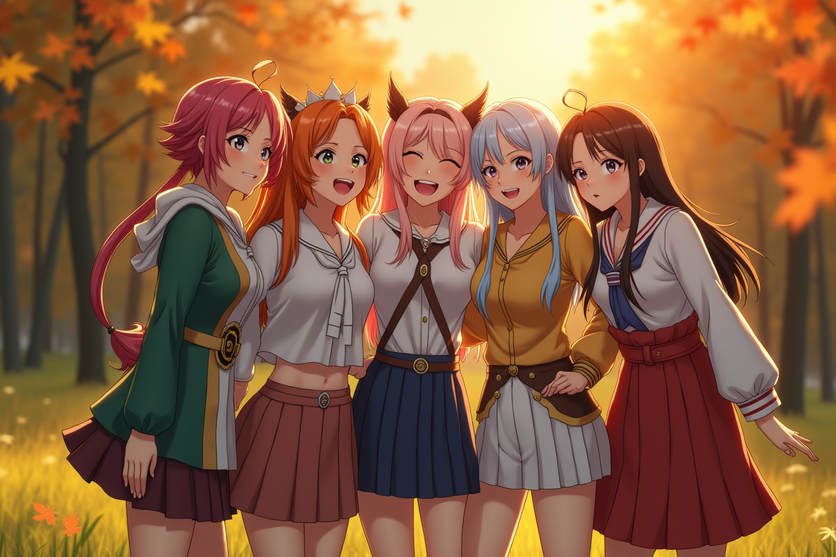 Groupe d amis en cosplay Fairy Tail dans un parc en automne