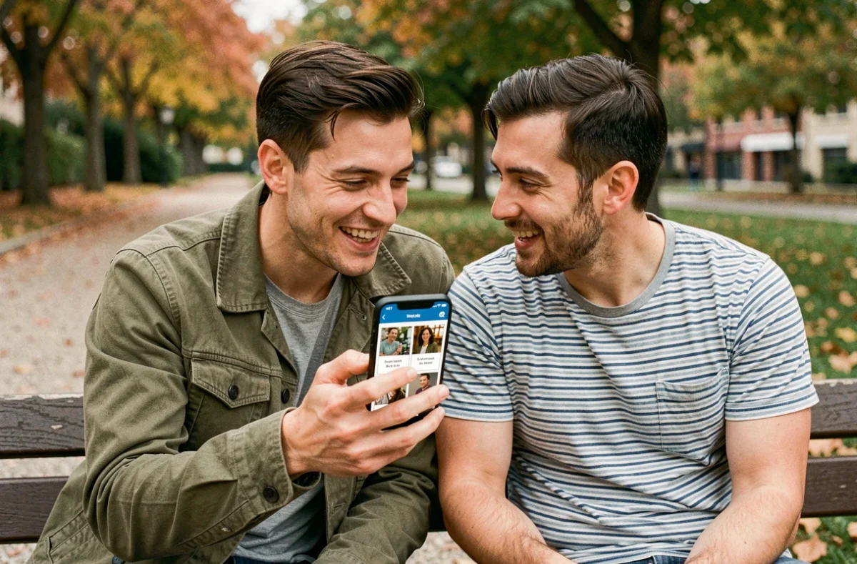 Deux amis jouant ensemble au jeu 4 images 1 mot sur smartphone dans un parc urbain en automne