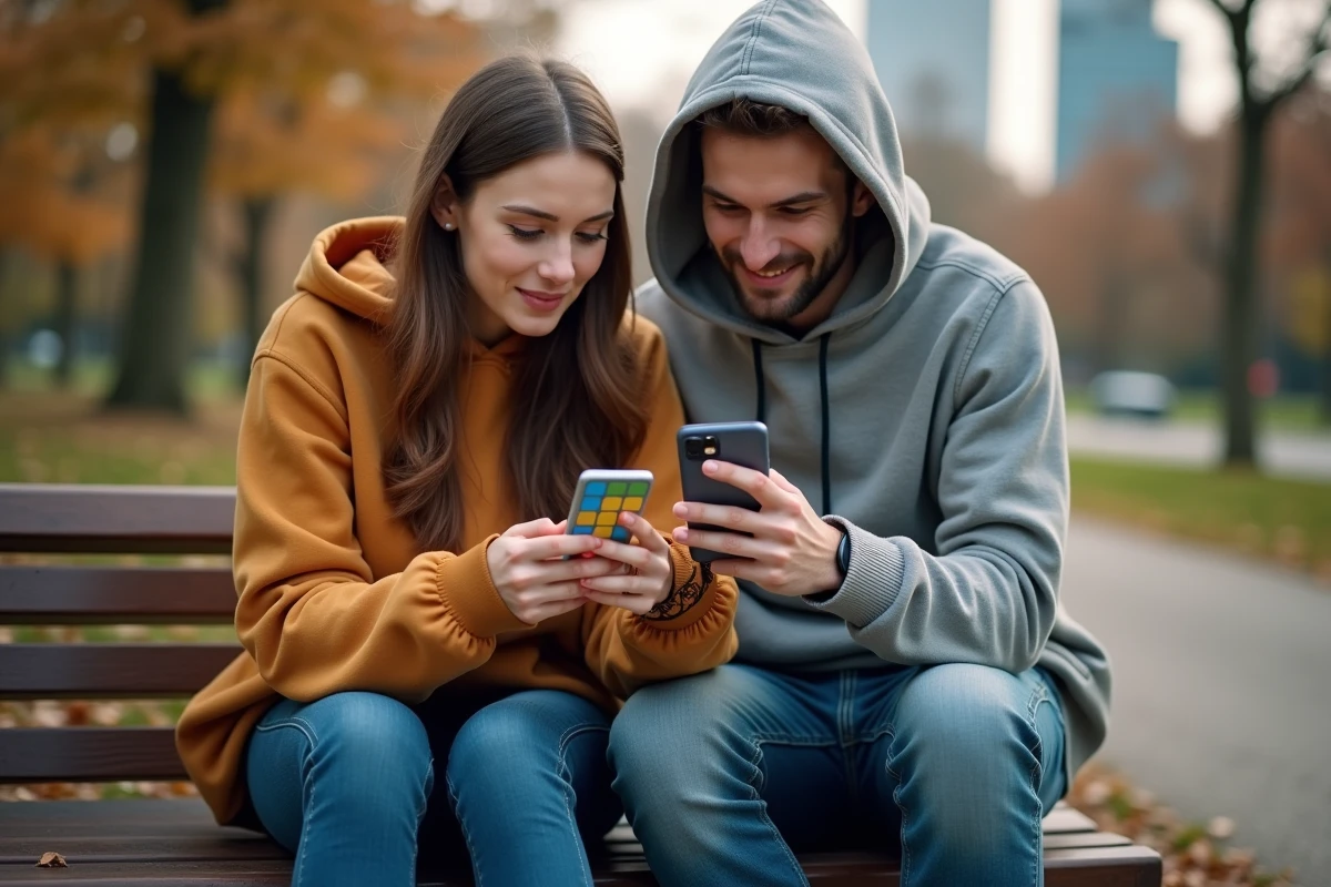 Deux amis jouant ensemble au jeu Motus en ligne sur smartphone dans un parc en automne