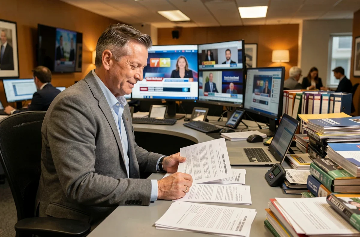 Animateur de télévision préparant son émission dans une rédaction, ambiance de travail authentique