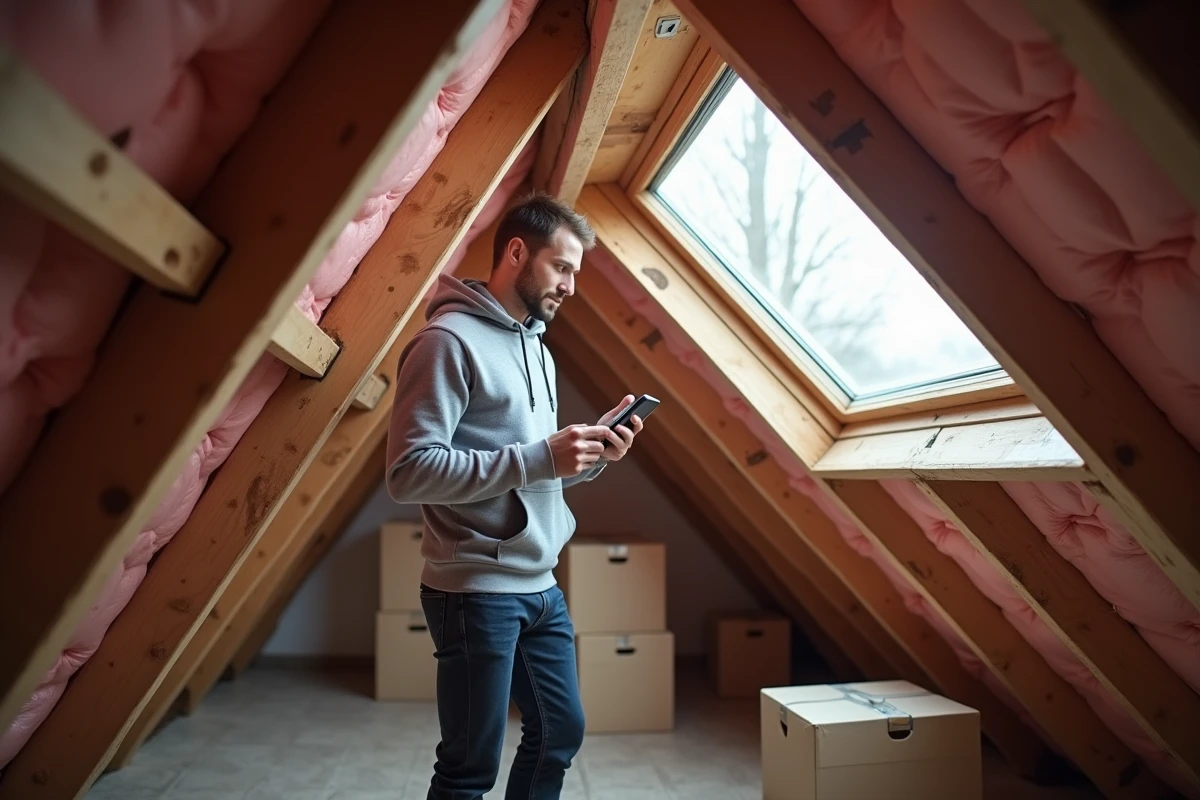 Homme positionnant une antenne TNT d'intérieur dans les combles d'une maison en vérifiant la réception sur son smartphone