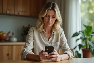 Femme tenant un smartphone affichant un appel entrant avec l'indicatif 30 sur écran, expression intriguée dans une cuisine moderne