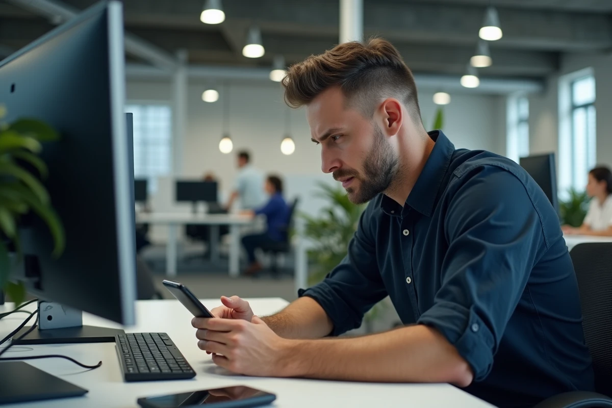 Homme en bureau moderne regardant son téléphone avec une notification d'appel manqué affichant l'indicatif 30
