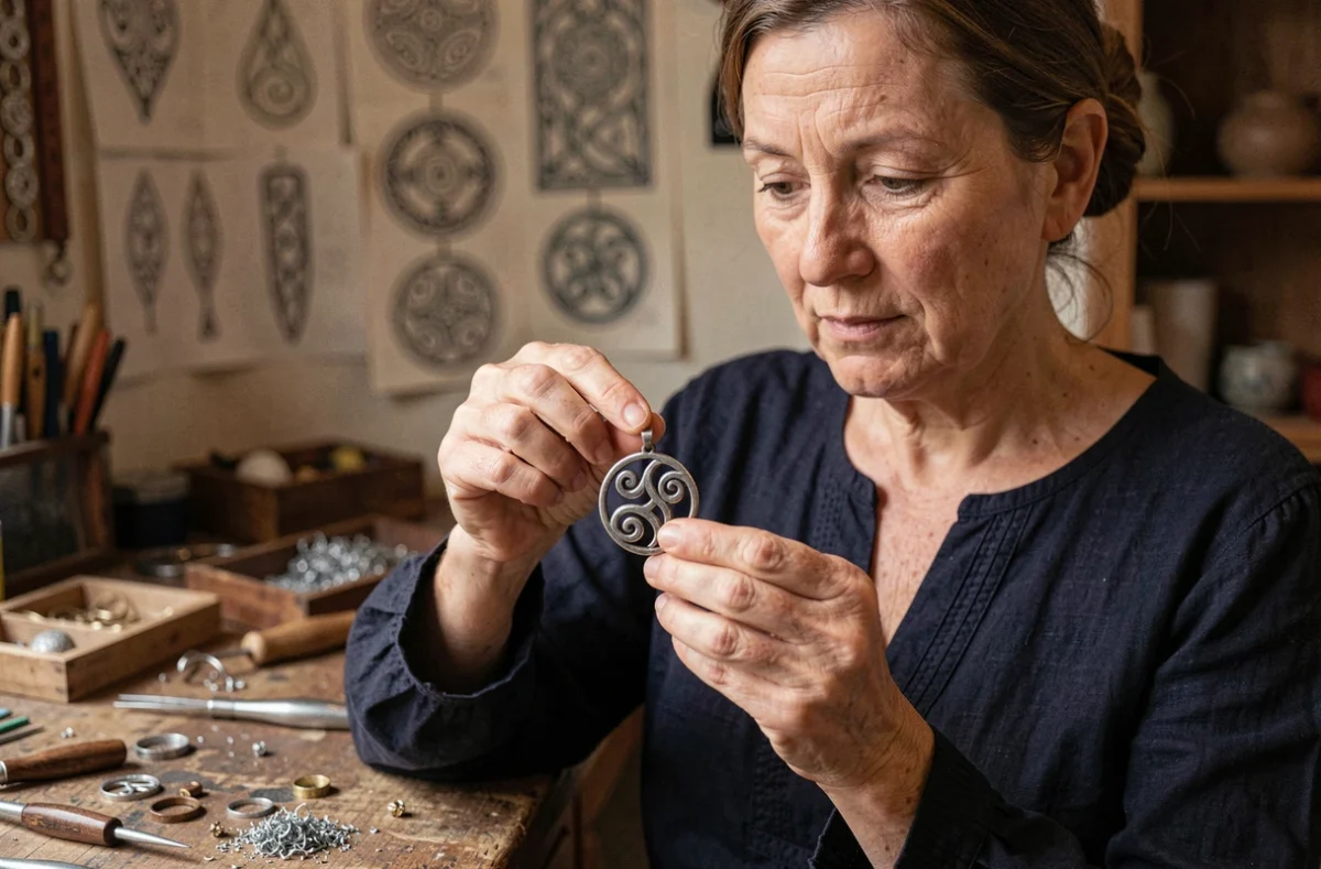Artisane bretonne tenant un pendentif triskel en argent dans son atelier, symbole celtique d'énergie et de protection porté comme bijou traditionnel