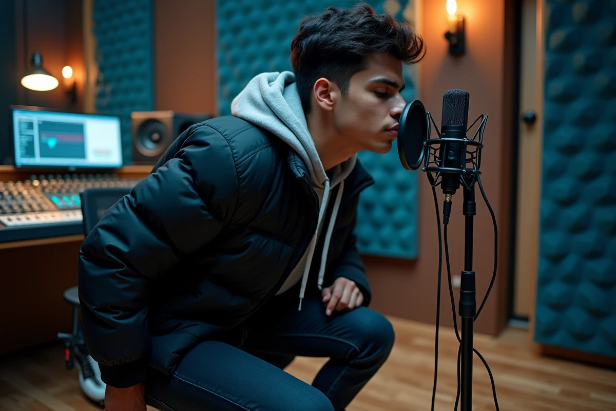 Artiste de drill hispanique enregistrant en studio avec un micro professionnel et une ambiance authentique de coulisses
