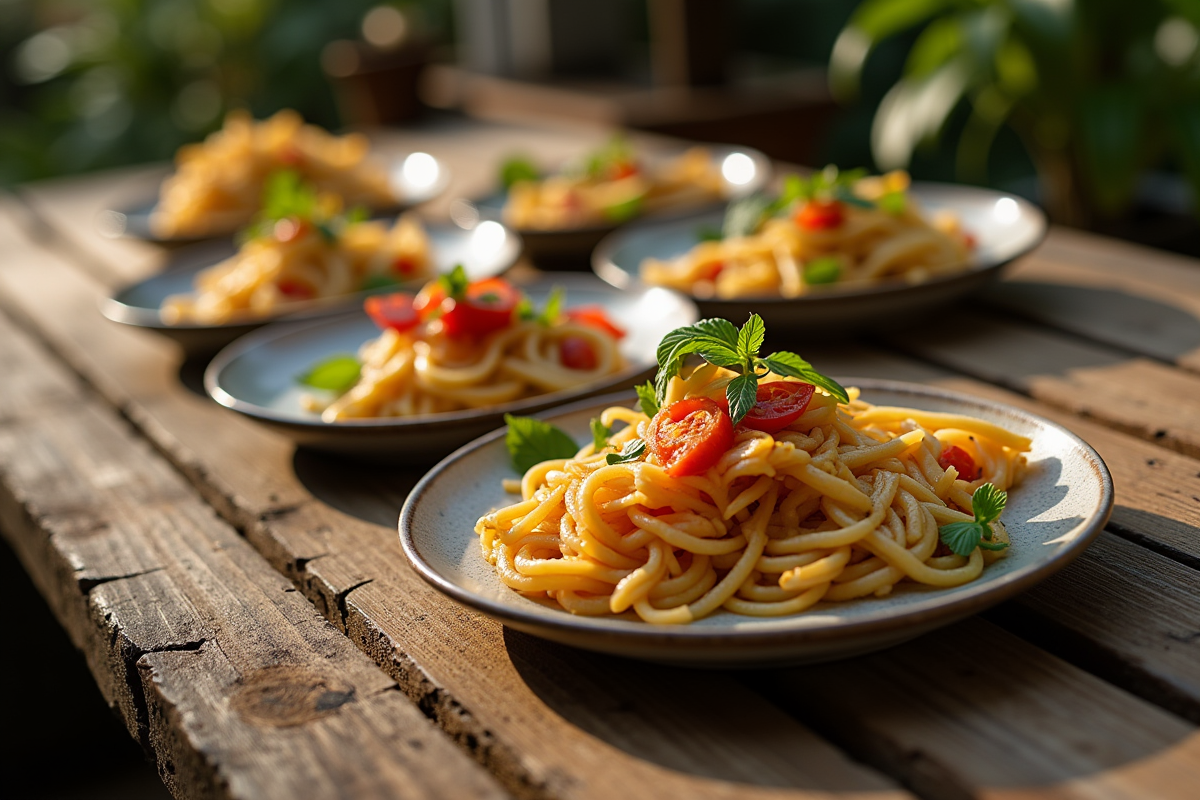 Assiettes de pierrade sur table en bois avec lumière douce