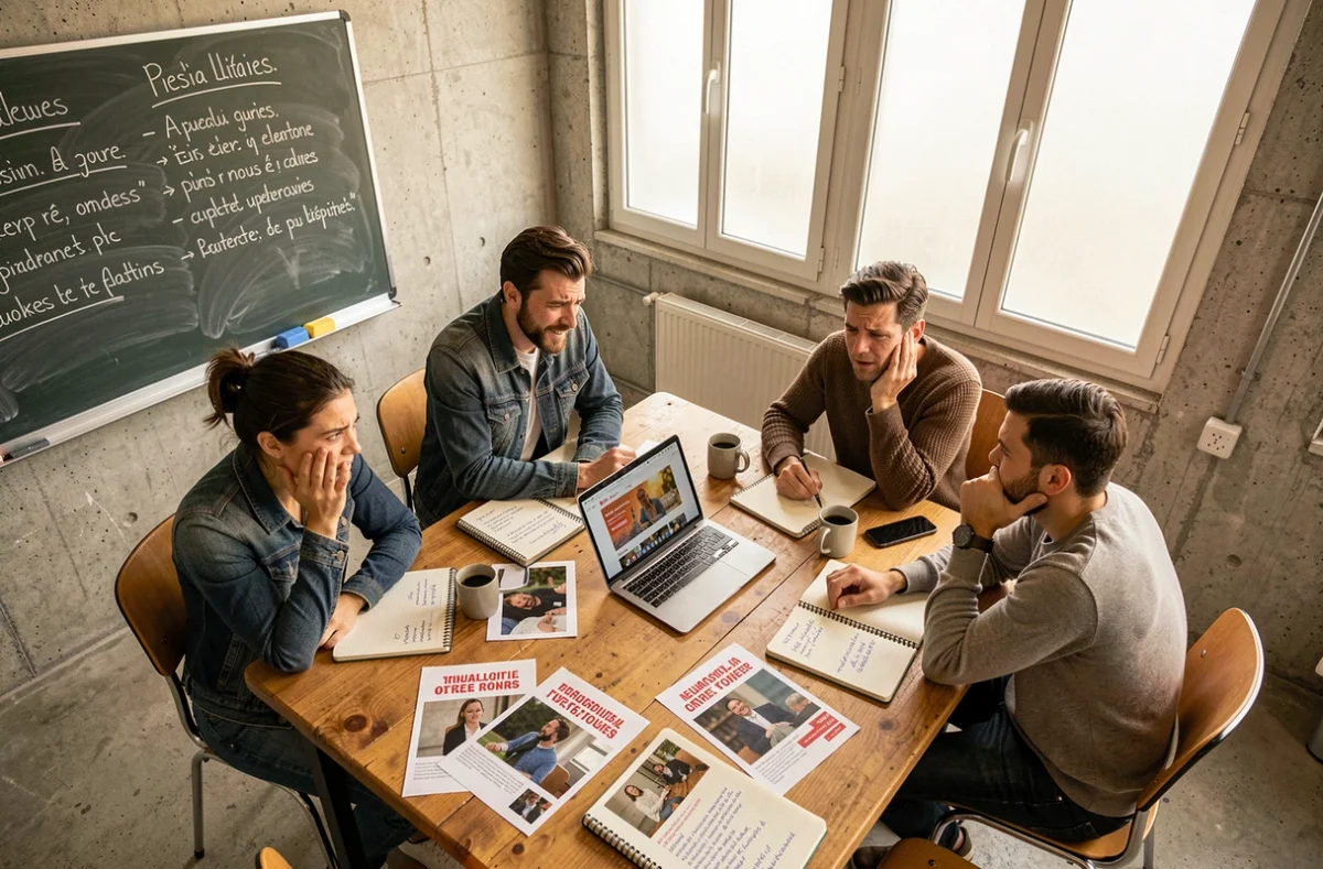 Groupe d'adultes réunis autour d'un ordinateur pour analyser un site satirique, dans le cadre d'un atelier universitaire sur la propagande et la culture du buzz
