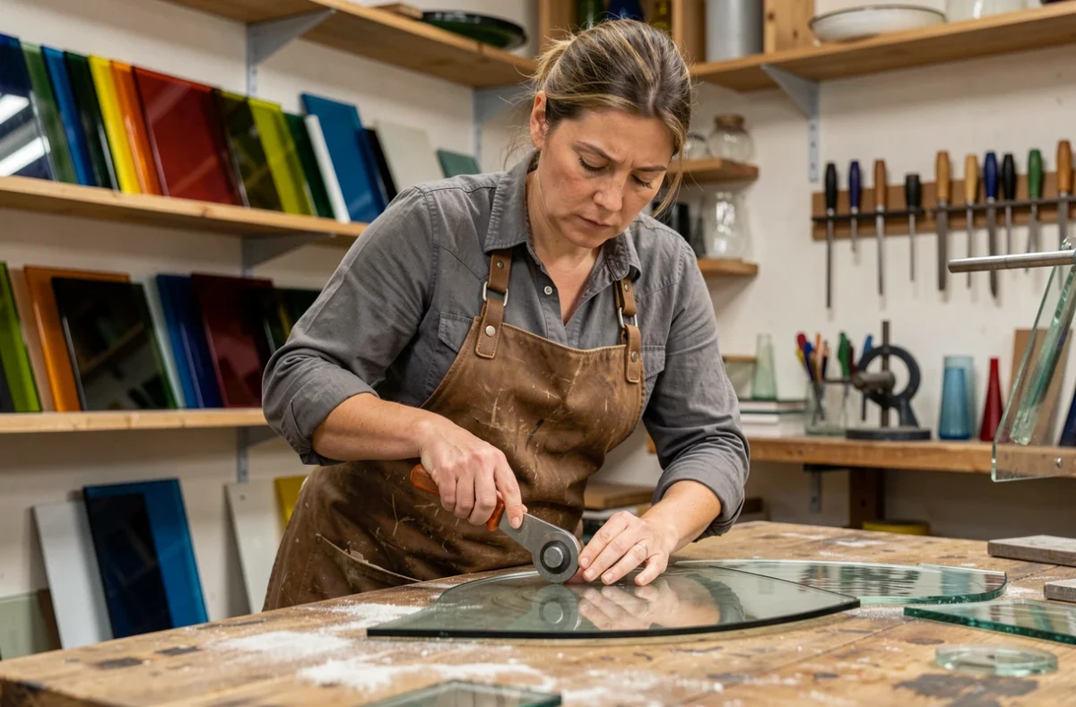 Maître verrier des Ateliers Verriers de Montreuil découpant du verre artistique dans son atelier