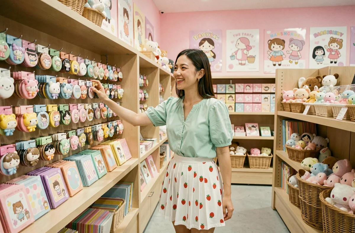 Jeune femme explorant les produits kawaii dans une boutique colorée de style Harajuku avec peluches et accessoires