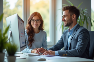 Espace de travail moderne avec agent public aidant un fonctionnaire