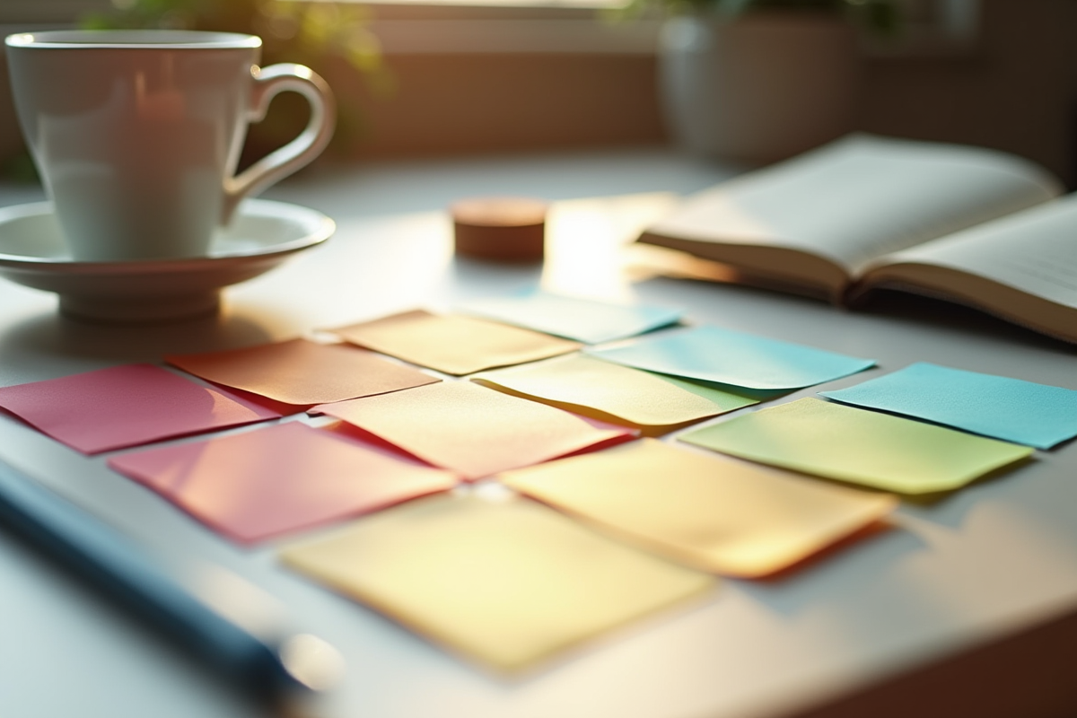 Espace de travail matinal avec flashcards colorés et café