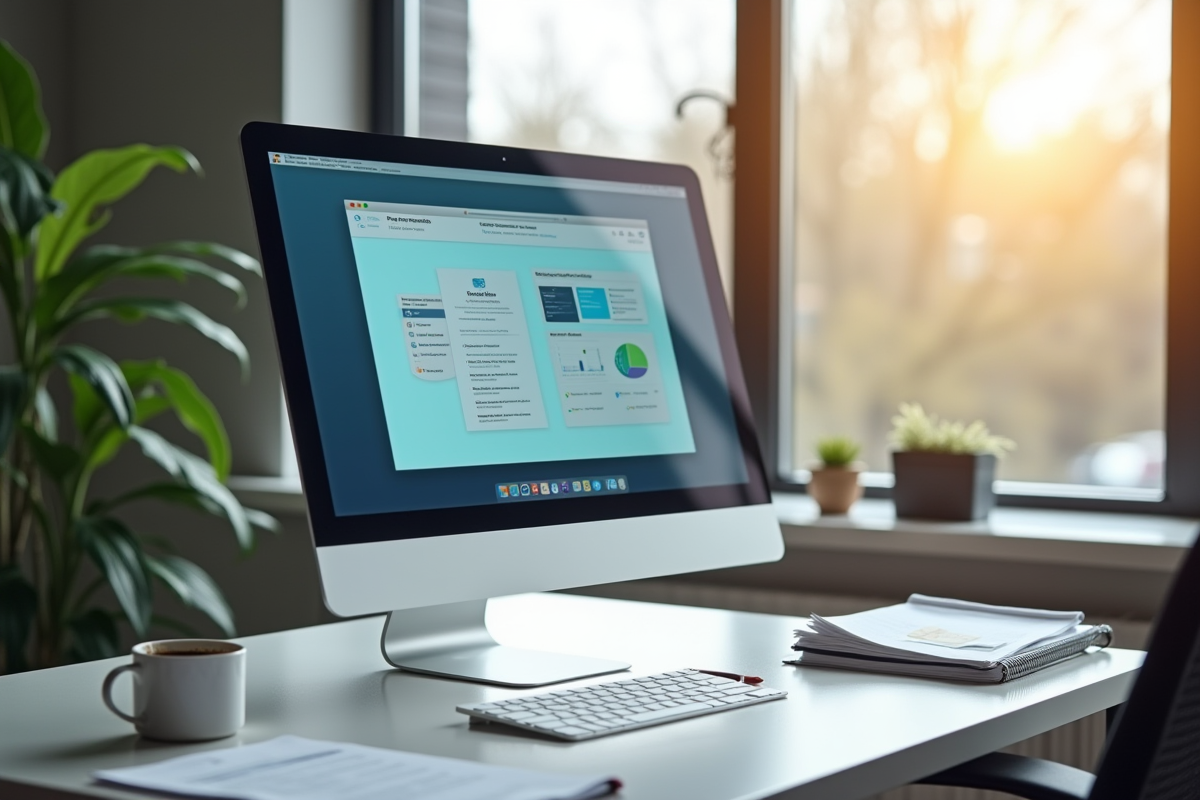 Bureau lumineux avec ordinateur et documents pour article