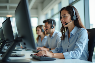 Bureau moderne avec agents service client au travail