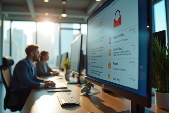 Bureaux modernes lumineux avec grand moniteur affichant email securise