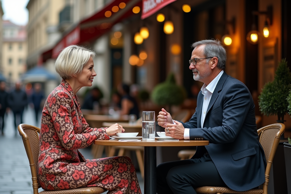 Homme et femme élégants dans un café européen