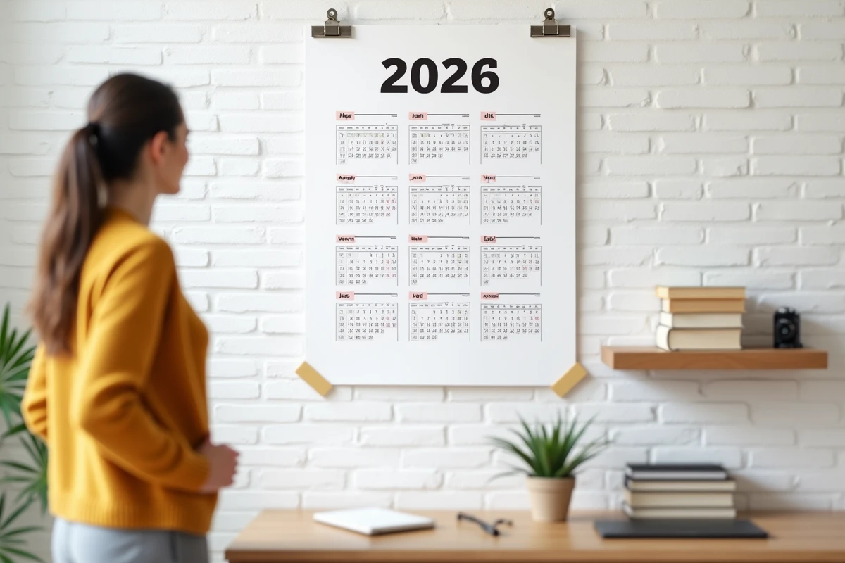Femme debout devant un calendrier 2026 sur une page affiché au mur dans un espace de travail minimaliste à domicile