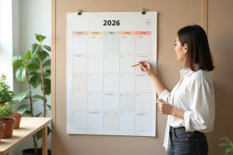 Femme consultant un calendrier mural 2026 une page avec tous les mois visibles, dans un bureau moderne et lumineux