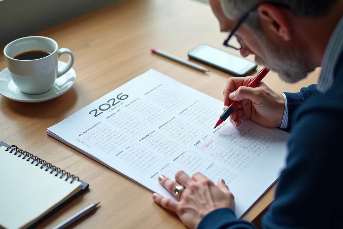 Homme annotant un calendrier annuel 2026 une seule page posé sur un bureau en bois avec des accessoires de bureau