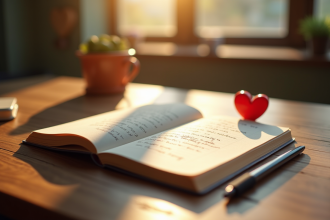 Carnet ouvert sur une table en bois avec notes manuscrites et coeur rouge