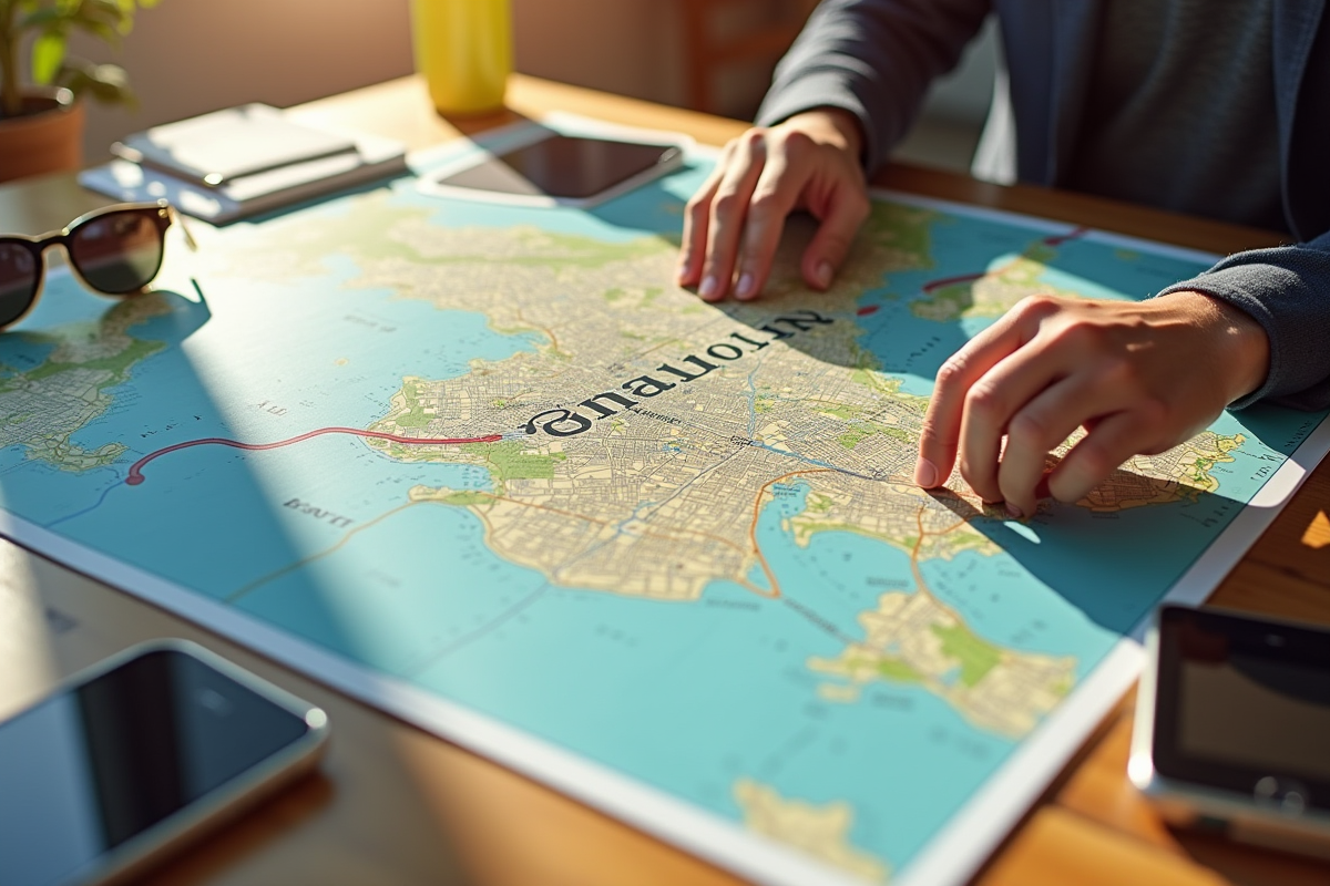 Carte urbaine avec une main traçant un parcours de 15000 pas