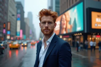Chanteur roux posant devant un panneau publicitaire urbain sous une légère pluie