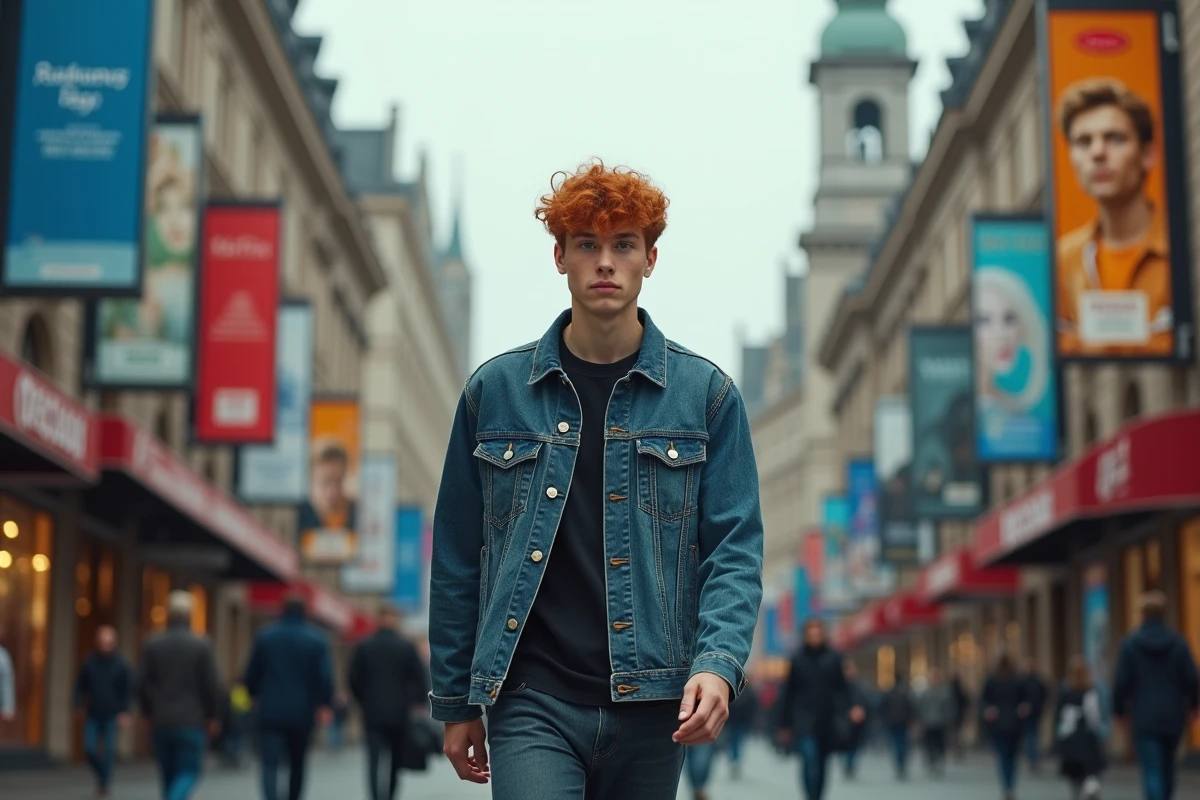 Chanteur roux marchant dans une rue commerçante entourée d'affiches promotionnelles à son effigie
