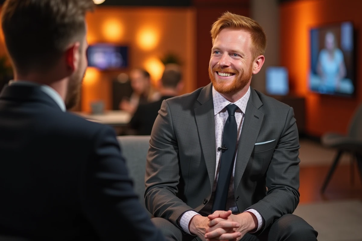 Chanteur roux en interview sur un plateau de télévision dans un costume gris anthracite