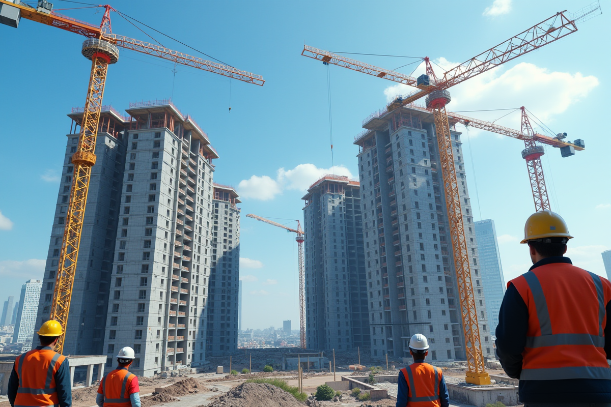 Chantier avec grues et ouvriers dans une ville française en journée