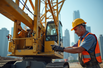 Ouvrier inspectant une grue de chantier en journée