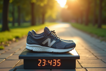 Chaussures de course usées avec compteur numérique dans un parc