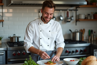 Jeune chef souriant en cuisine professionnelle