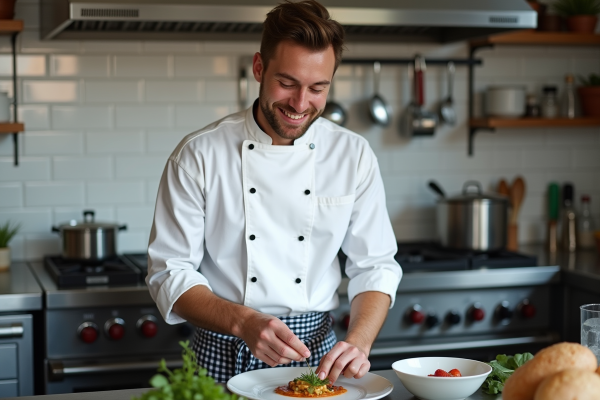 Jeune chef souriant en cuisine professionnelle
