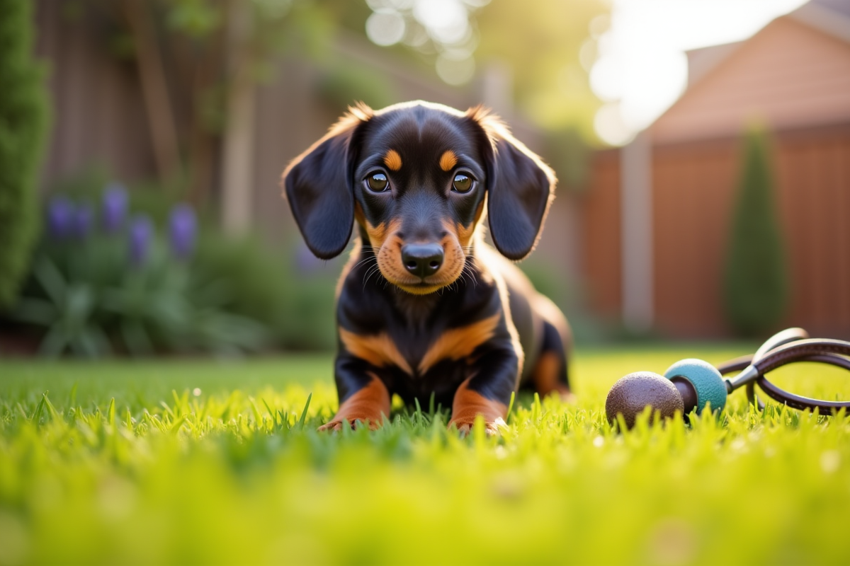 Chiot dachshund dehors dans un jardin ensoleille avec herbe verte