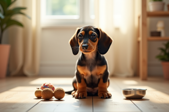 Jeune chiot dachshund assis en intérieur sur un sol en bois clair