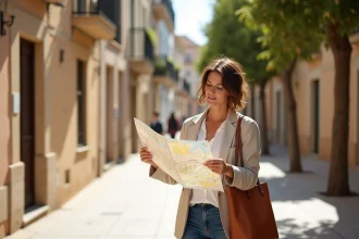 Femme consultant un plan de Perpignan dans la rue pour choisir sa boîte postale dans une ville inconnue