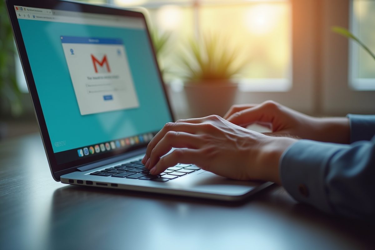 Mains tapant sur un clavier avec interface webmail visible