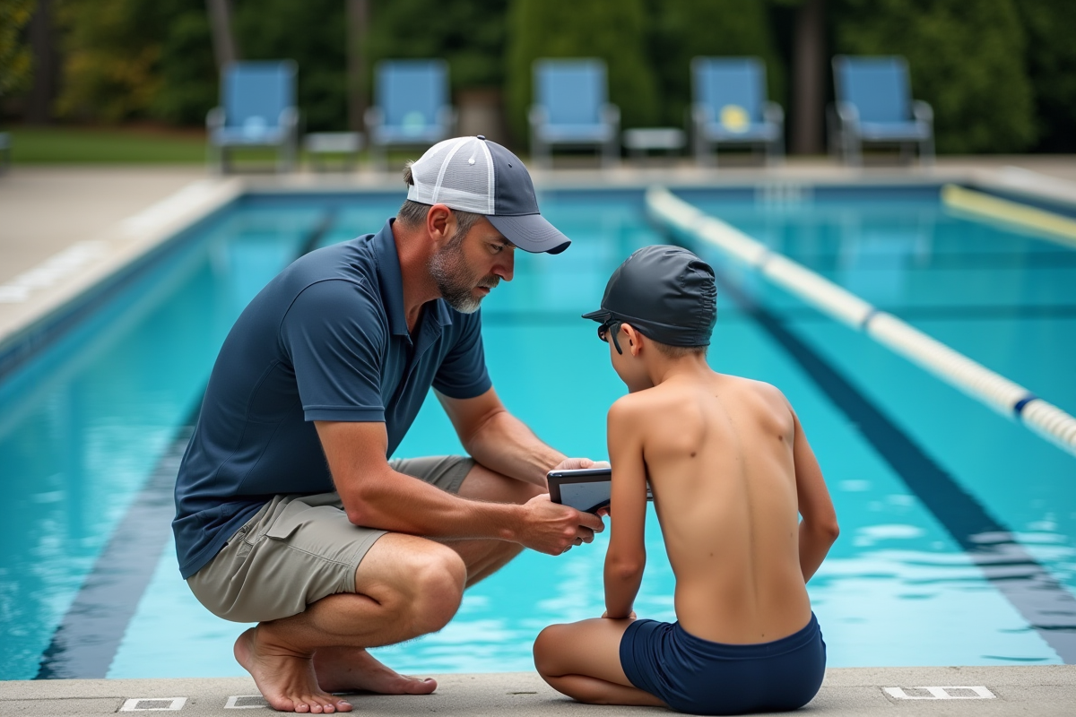 Entraîneur de natation discutant avec un jeune nageur au bord de la piscine