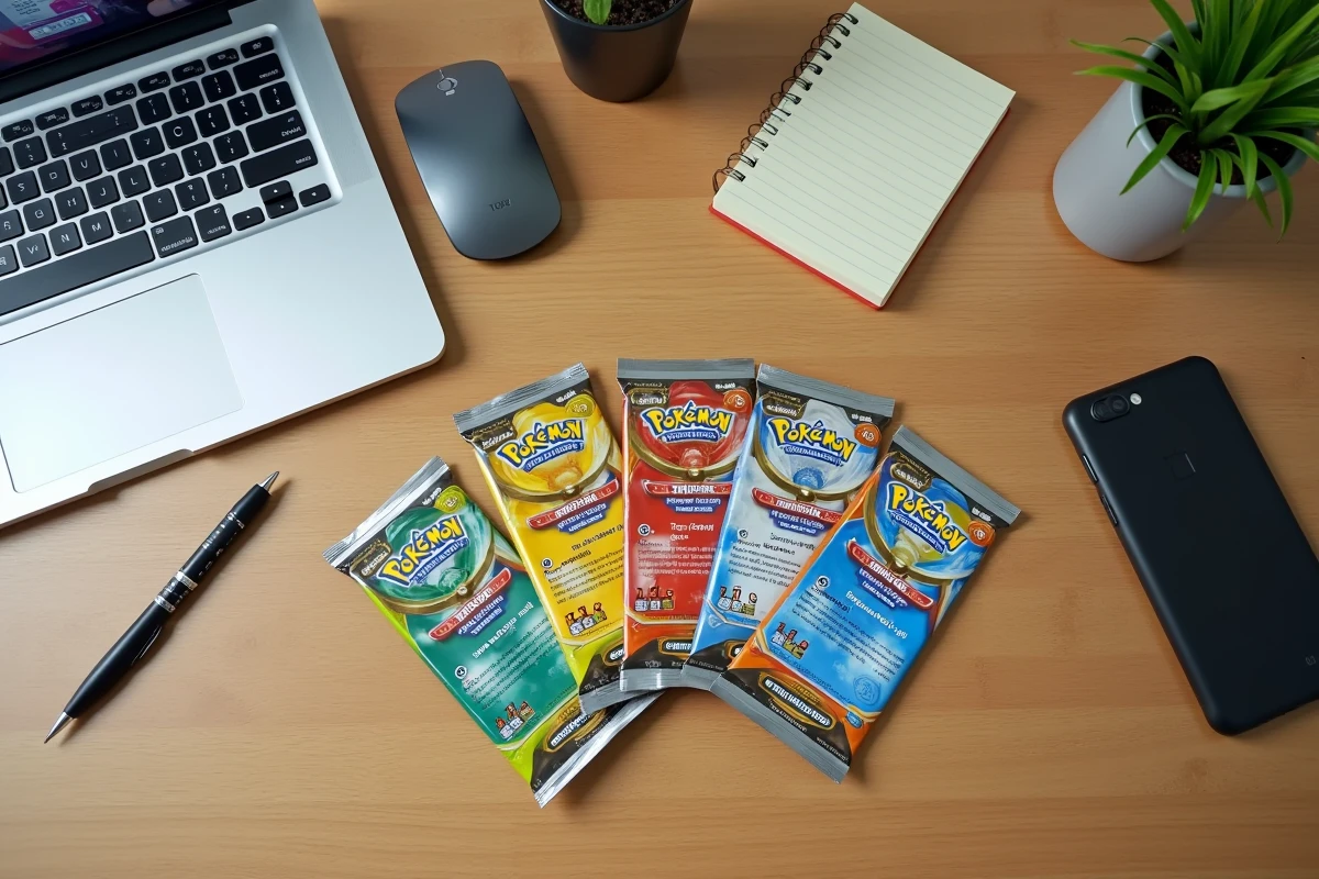 Codes de cartes Pokémon en ligne disposés sur une table avec un ordinateur portable ouvert sur la boutique en ligne officielle